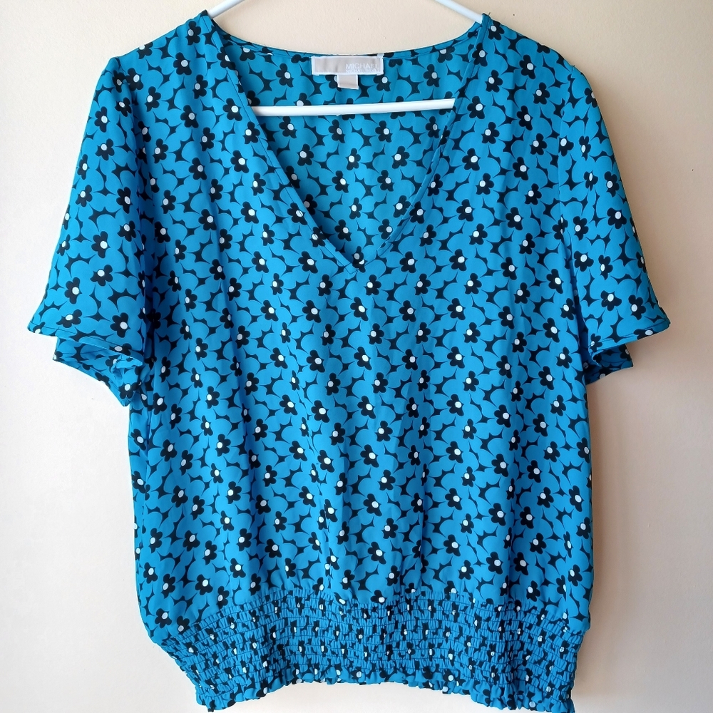 Michael Kors Womens Blouse Size L Blue Floral Flutter Sleeve Smocked Waist VNeck